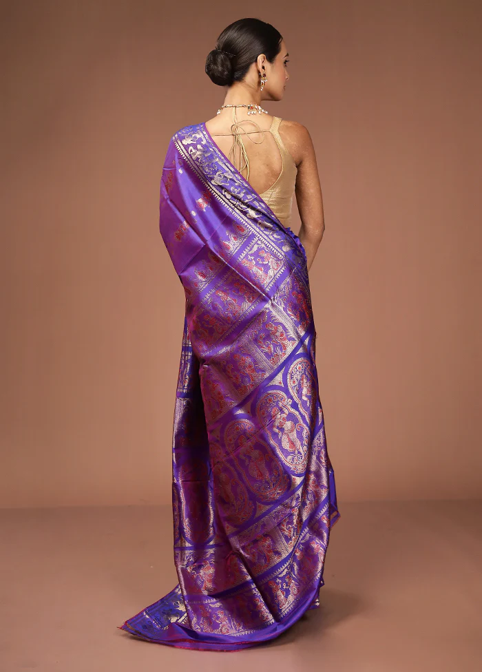 Purple Handloom Baluchari Pure Silk Saree With Blouse Piece - Image 3