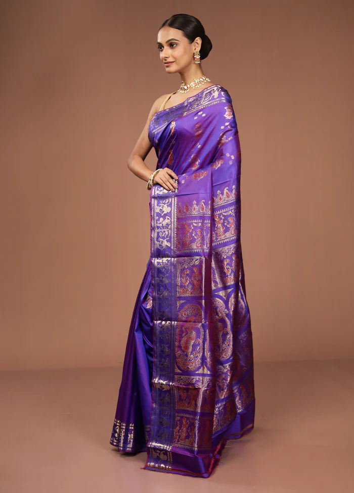 Purple Handloom Baluchari Pure Silk Saree With Blouse Piece - Image 4