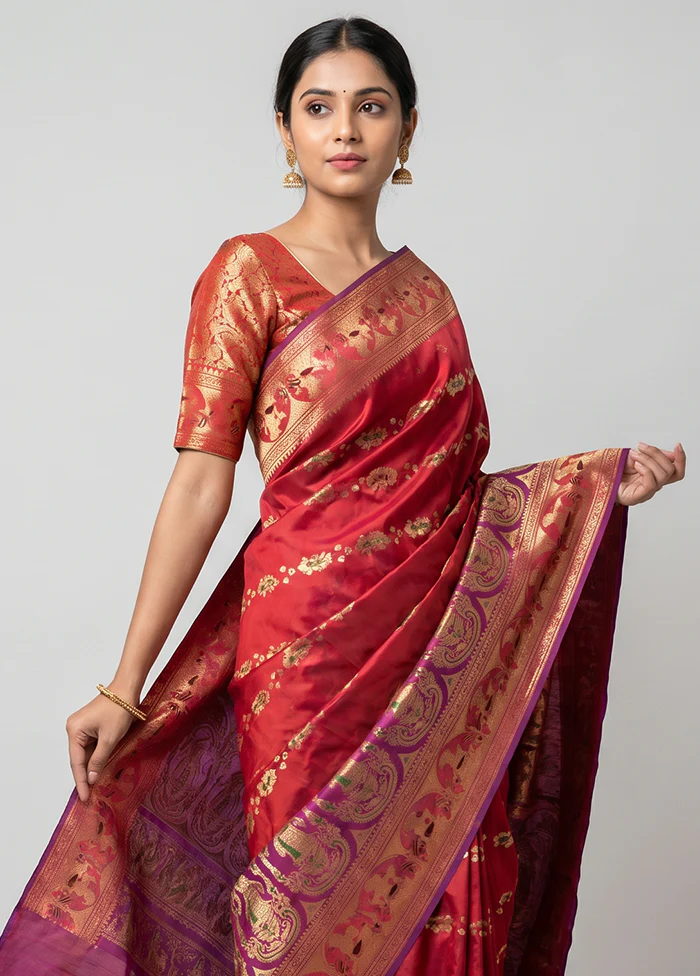 Purple Handloom Baluchari Pure Silk Saree With Blouse Piece - Image 2