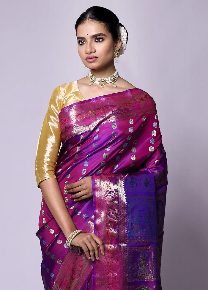 Purple Handloom Baluchari Pure Silk Saree With Blouse Piece - Image 2