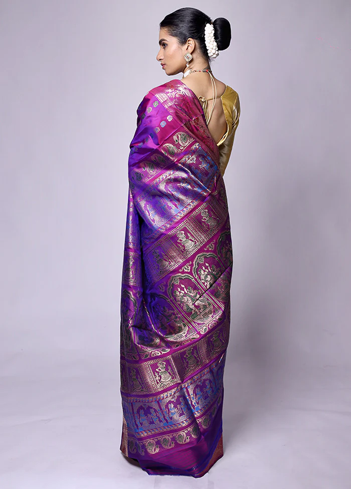 Purple Handloom Baluchari Pure Silk Saree With Blouse Piece - Image 3
