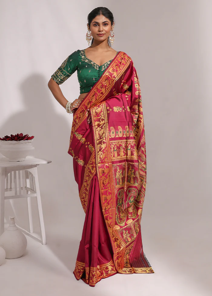 Purple Handloom Baluchari Pure Silk Saree With Blouse Piece - Image 2