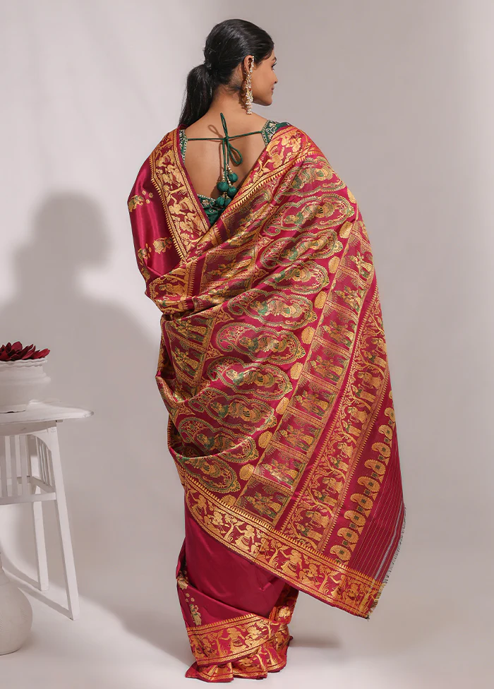Purple Handloom Baluchari Pure Silk Saree With Blouse Piece - Image 3