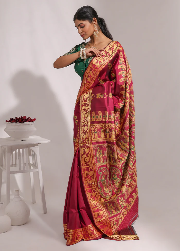 Purple Handloom Baluchari Pure Silk Saree With Blouse Piece - Image 4