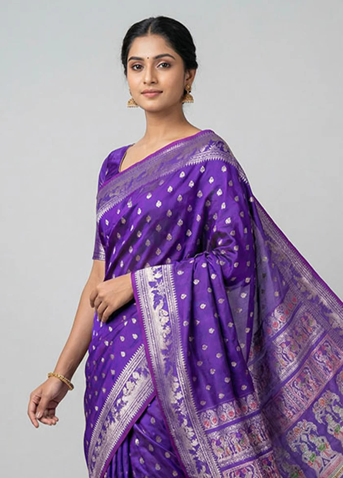 Purple Handloom Baluchari Pure Silk Saree With Blouse Piece - Image 2