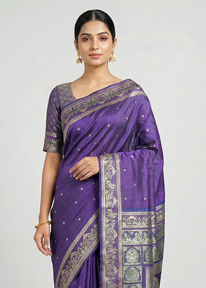 Purple Handloom Baluchari Pure Silk Saree With Blouse Piece - Image 2