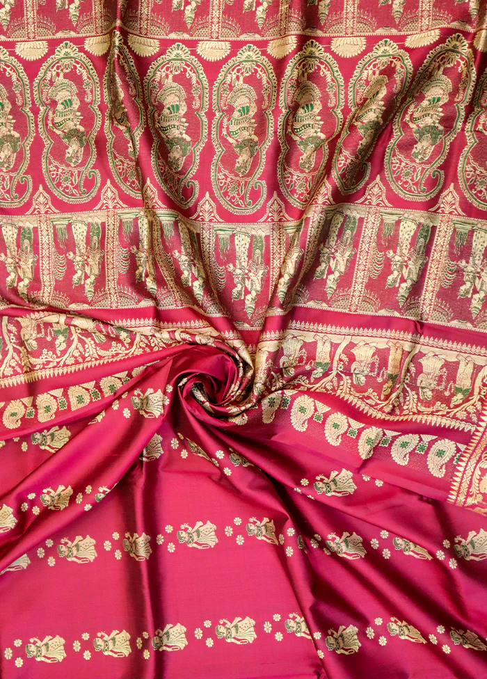 Red Handloom Baluchari Pure Silk Saree With Blouse Piece - Image 2