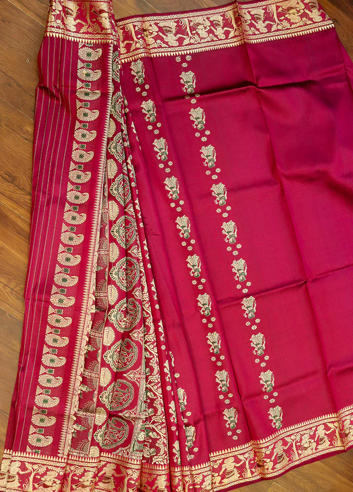 Red Handloom Baluchari Pure Silk Saree With Blouse Piece - Image 3