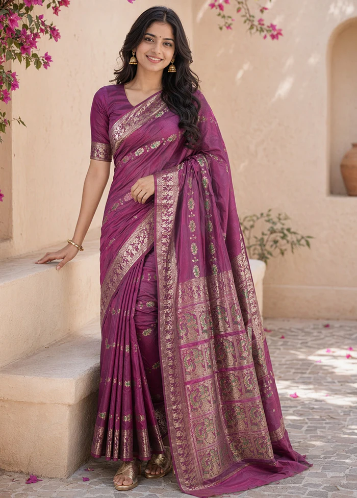 Purple Handloom Baluchari Pure Silk Saree With Blouse Piece - Image 3