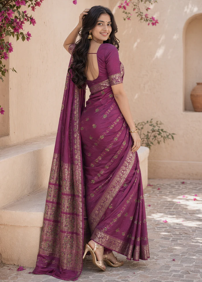 Purple Handloom Baluchari Pure Silk Saree With Blouse Piece - Image 4