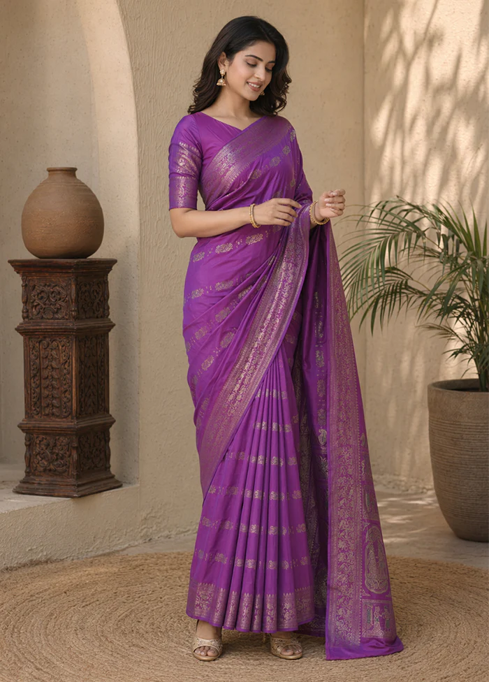 Purple Handloom Baluchari Pure Silk Saree With Blouse Piece - Image 3