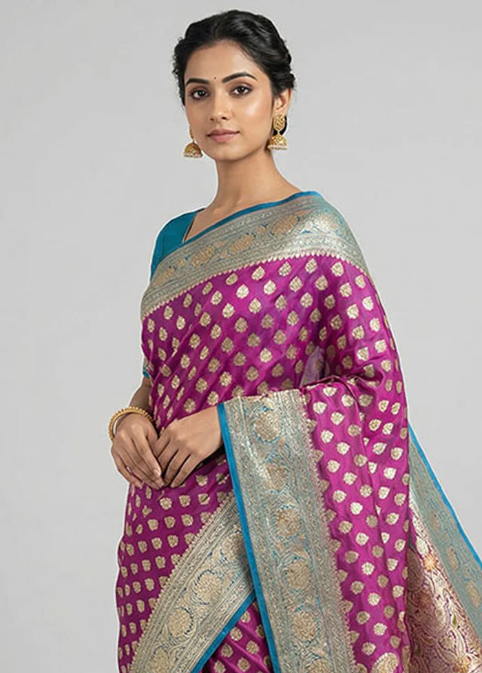 Purple Handloom Banarasi Pure Silk Saree With Blouse Piece - Image 2