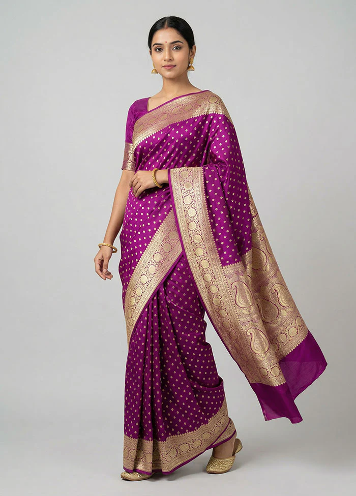 Purple Handloom Banarasi Pure Silk Saree With Blouse Piece