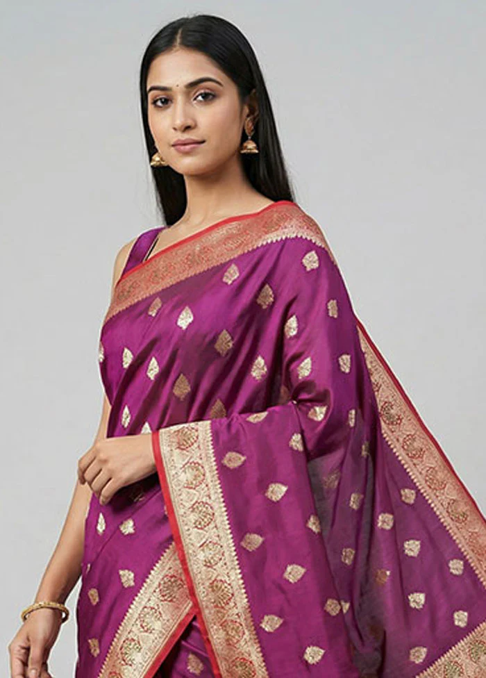 Purple Handloom Banarasi Pure Silk Saree With Blouse Piece - Image 2