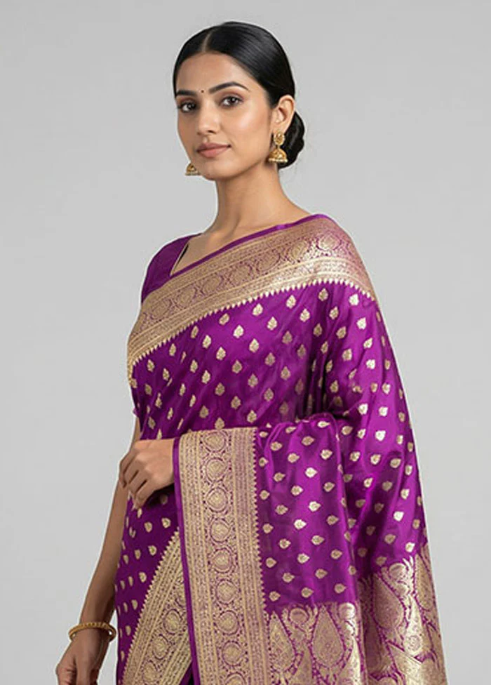 Purple Handloom Banarasi Pure Silk Saree With Blouse Piece - Image 2