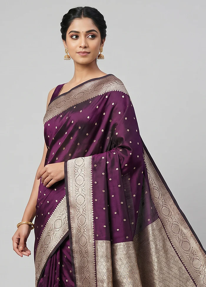 Purple Handloom Banarasi Pure Silk Saree With Blouse Piece - Image 2