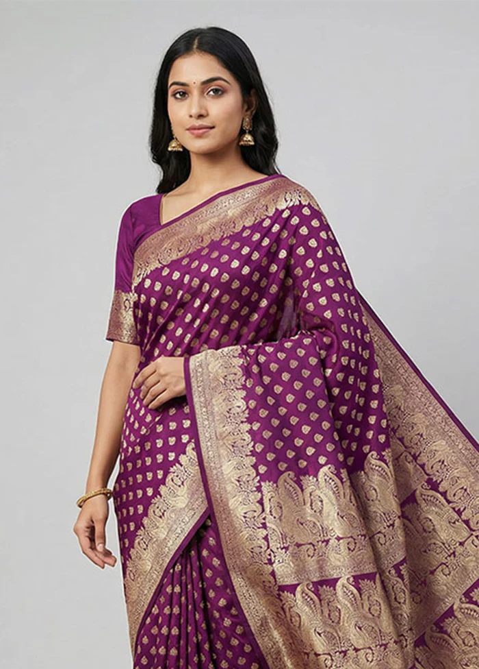 Purple Handloom Banarasi Pure Silk Saree With Blouse Piece - Image 2
