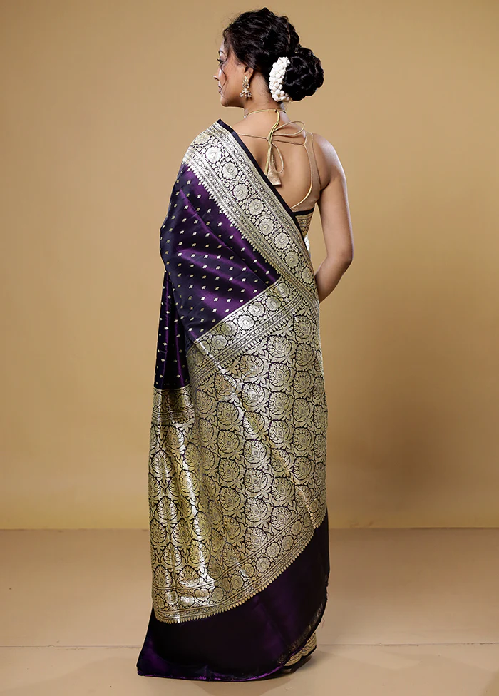 Purple Handloom Banarasi Pure Silk Saree With Blouse Piece - Image 3
