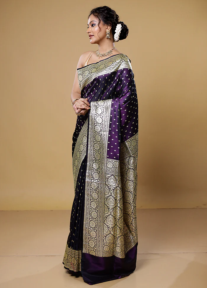 Purple Handloom Banarasi Pure Silk Saree With Blouse Piece - Image 4