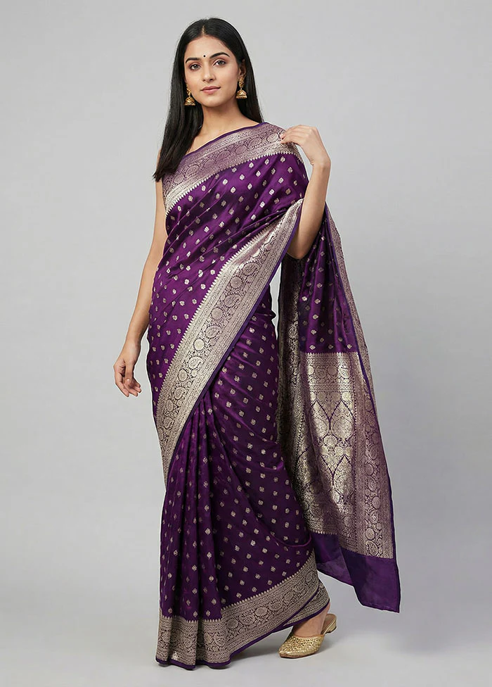 Purple Handloom Banarasi Pure Silk Saree With Blouse Piece