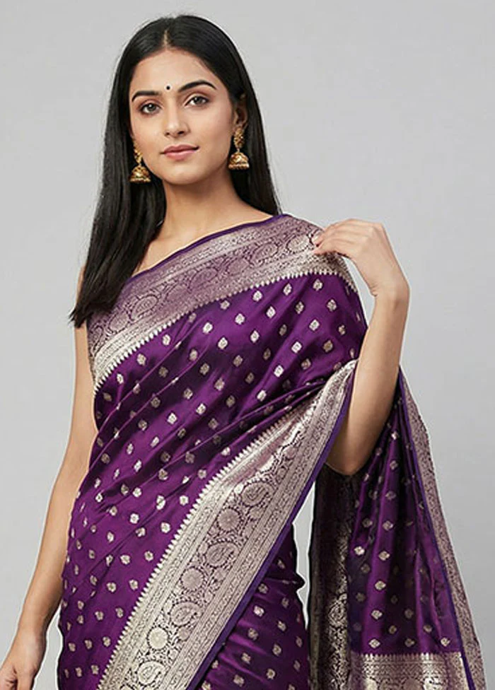 Purple Handloom Banarasi Pure Silk Saree With Blouse Piece - Image 2