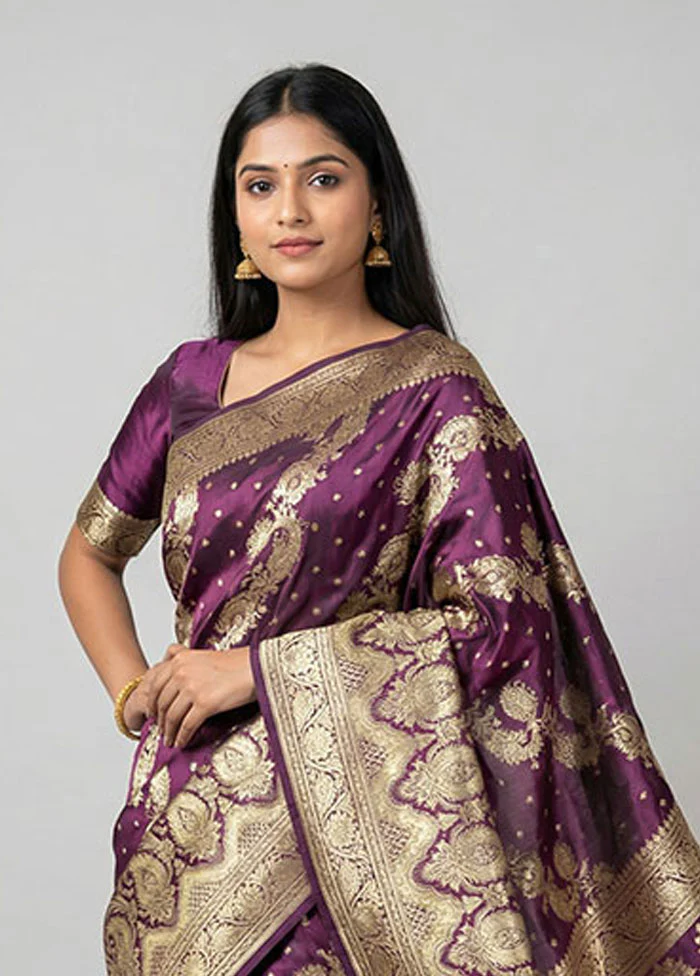 Purple Handloom Banarasi Pure Silk Saree With Blouse Piece - Image 2