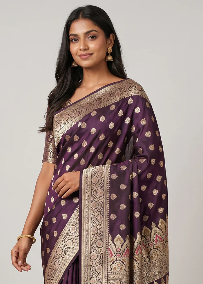 Purple Handloom Banarasi Pure Silk Saree With Blouse Piece - Image 2
