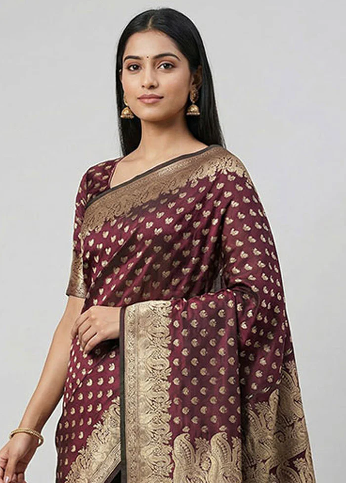 Purple Handloom Banarasi Pure Silk Saree With Blouse Piece - Image 2