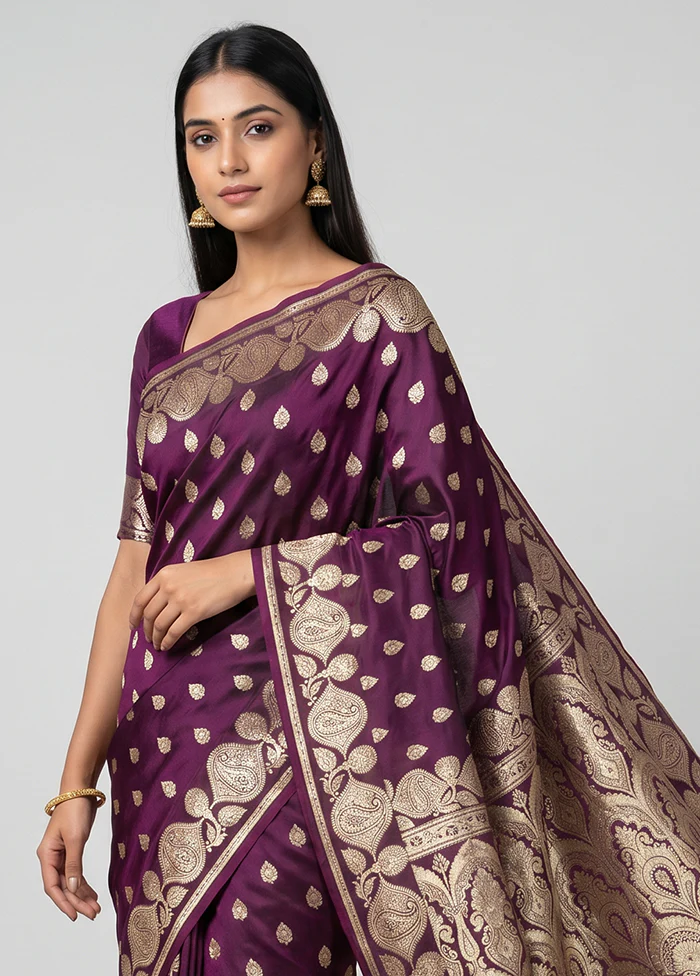 Purple Handloom Banarasi Pure Silk Saree With Blouse Piece - Image 2