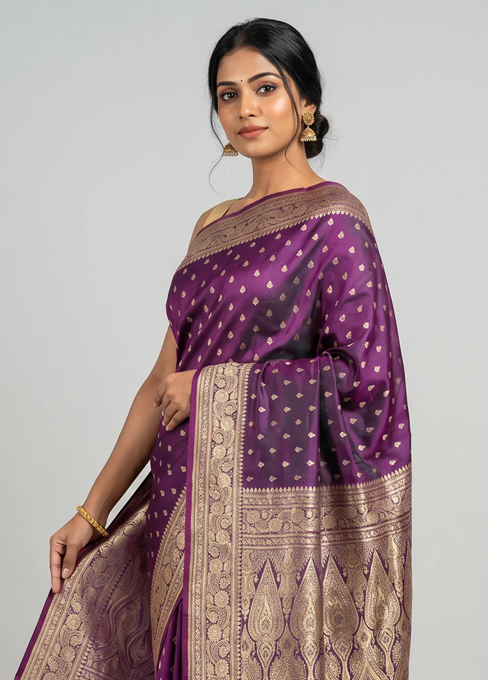 Purple Handloom Banarasi Pure Silk Saree With Blouse Piece - Image 2