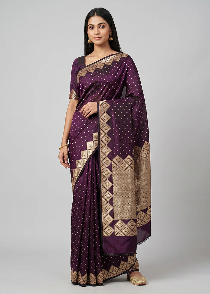 Purple Handloom Banarasi Pure Silk Saree With Blouse Piece