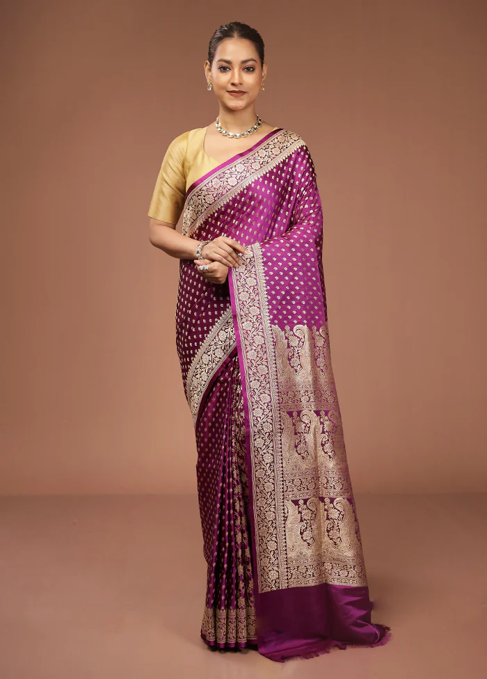 Purple Handloom Banarasi Pure Silk Saree With Blouse Piece - Image 2