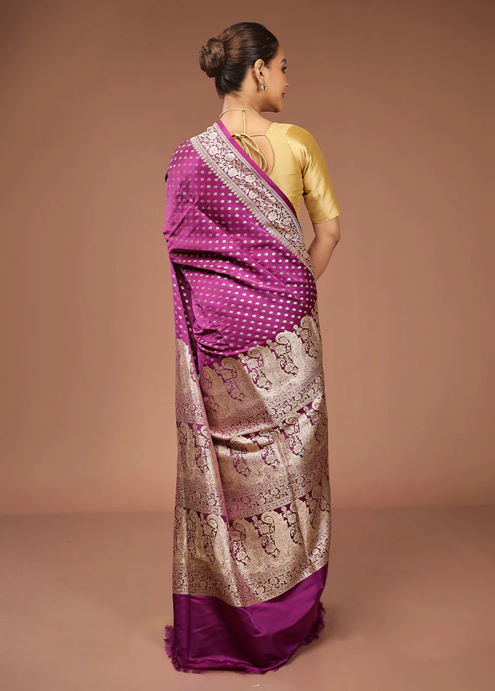 Purple Handloom Banarasi Pure Silk Saree With Blouse Piece - Image 3