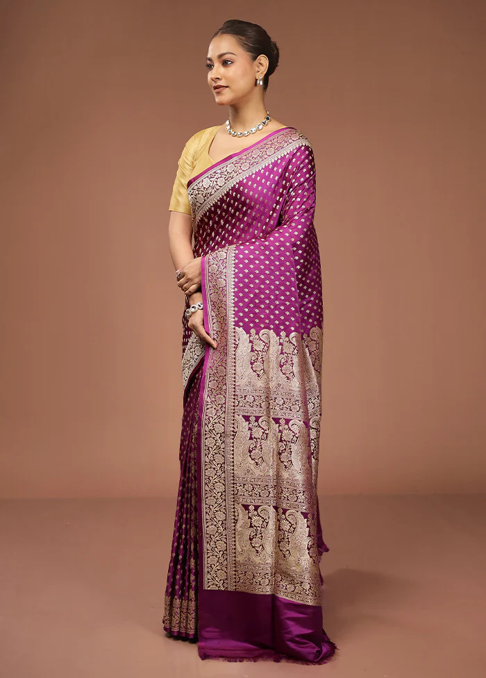 Purple Handloom Banarasi Pure Silk Saree With Blouse Piece - Image 4