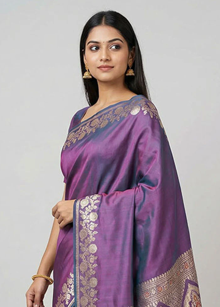 Purple Handloom Banarasi Pure Silk Saree With Blouse Piece - Image 2