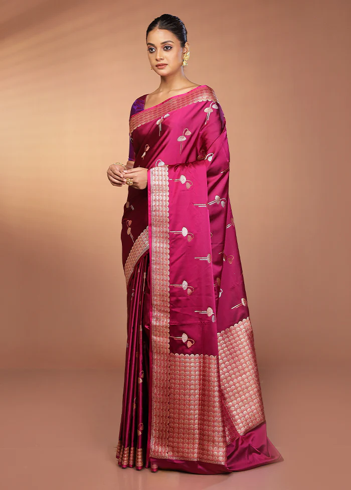 Purple Handloom Banarasi Pure Silk Saree With Blouse Piece - Image 4