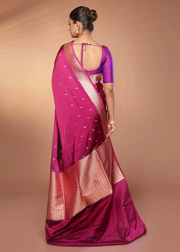 Purple Handloom Banarasi Pure Silk Saree With Blouse Piece - Image 3