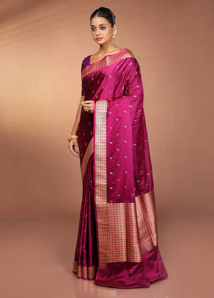 Purple Handloom Banarasi Pure Silk Saree With Blouse Piece - Image 4