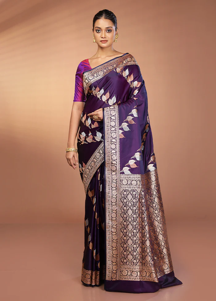 Purple Handloom Banarasi Pure Silk Saree With Blouse Piece - Image 2