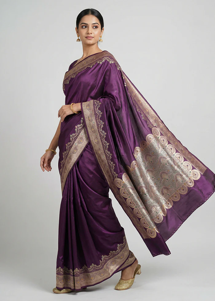 Purple Handloom Banarasi Pure Silk Saree With Blouse Piece