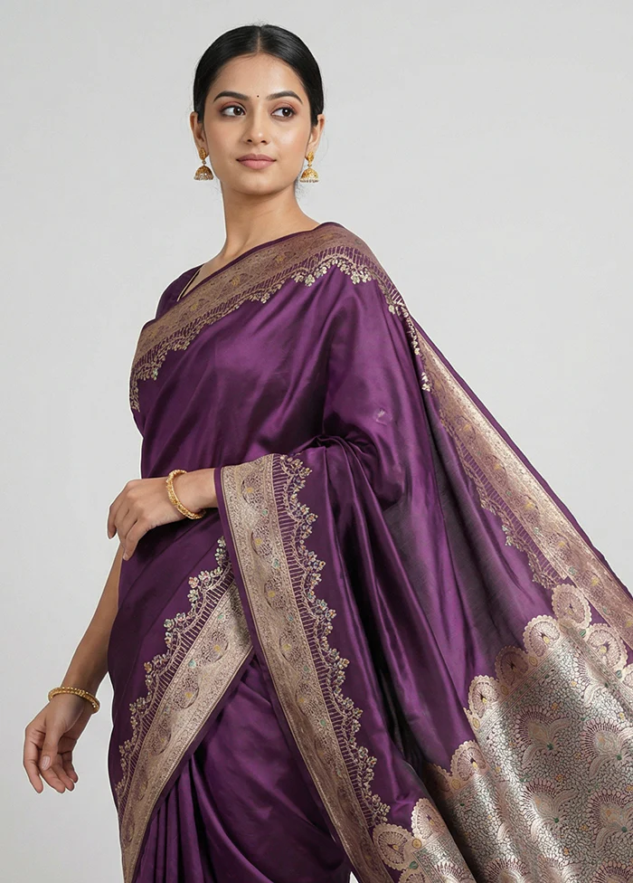 Purple Handloom Banarasi Pure Silk Saree With Blouse Piece - Image 2