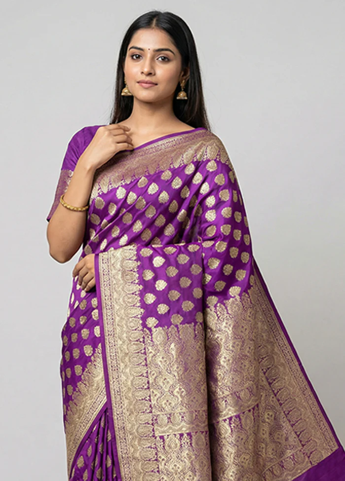 Purple Handloom Banarasi Pure Silk Saree With Blouse Piece - Image 2