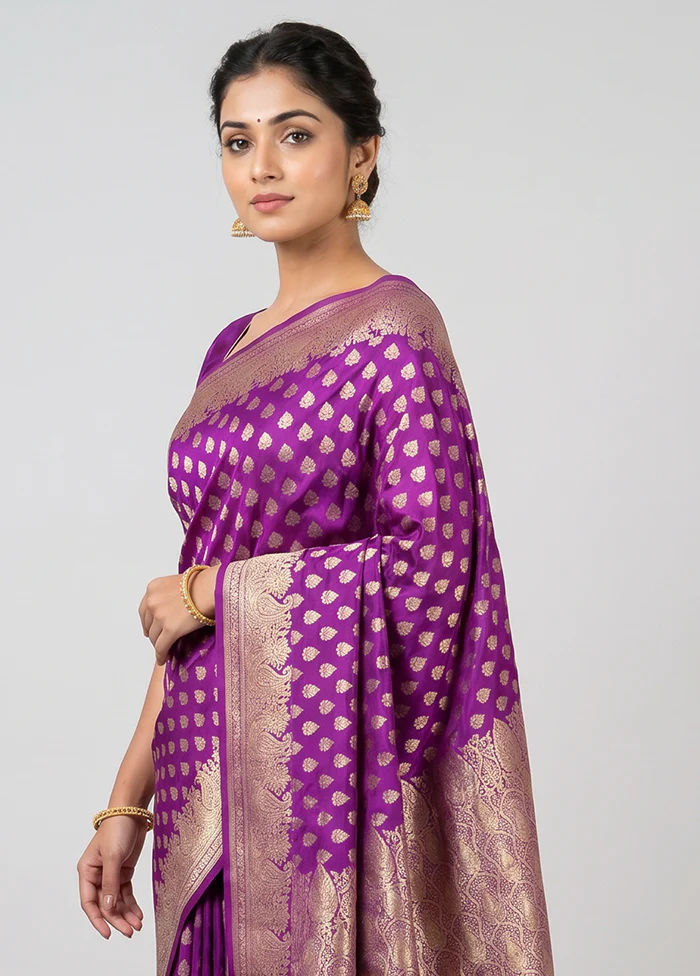 Purple Handloom Banarasi Pure Silk Saree With Blouse Piece - Image 2