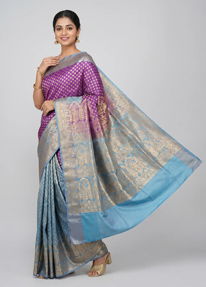 Purple Handloom Banarasi Pure Silk Saree With Blouse Piece