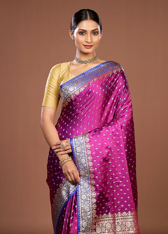 Purple Handloom Banarasi Pure Silk Saree With Blouse Piece