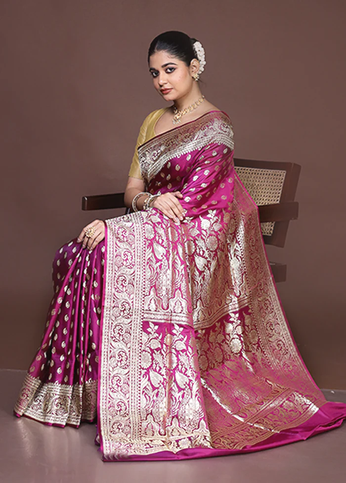 Pink Handloom Banarasi Pure Silk Saree With Blouse Piece - Image 4