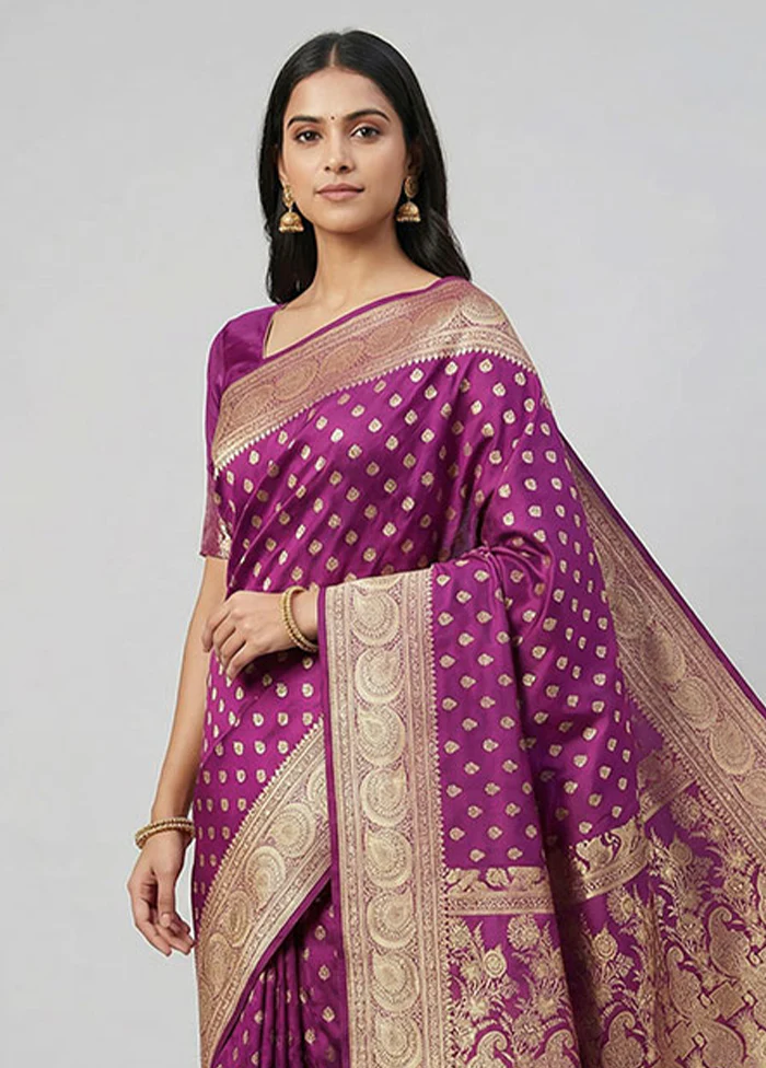 Purple Handloom Banarasi Pure Silk Saree With Blouse Piece - Image 2