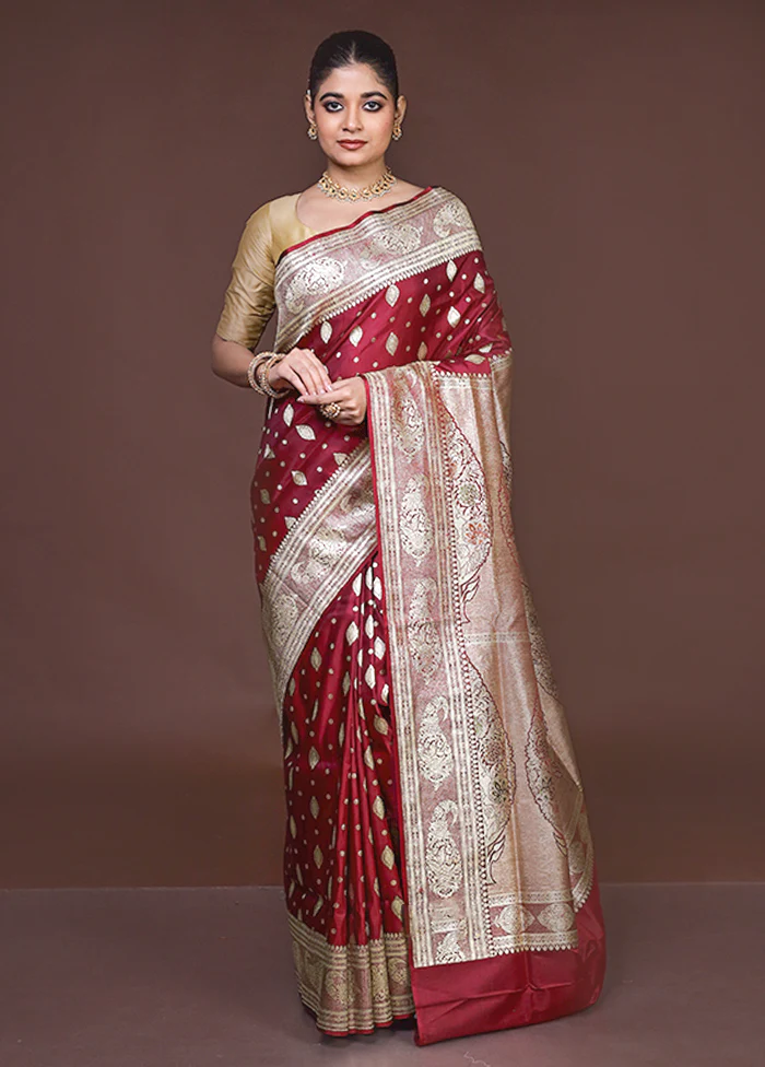 Maroon Handloom Banarasi Pure Silk Saree With Blouse Piece - Image 2