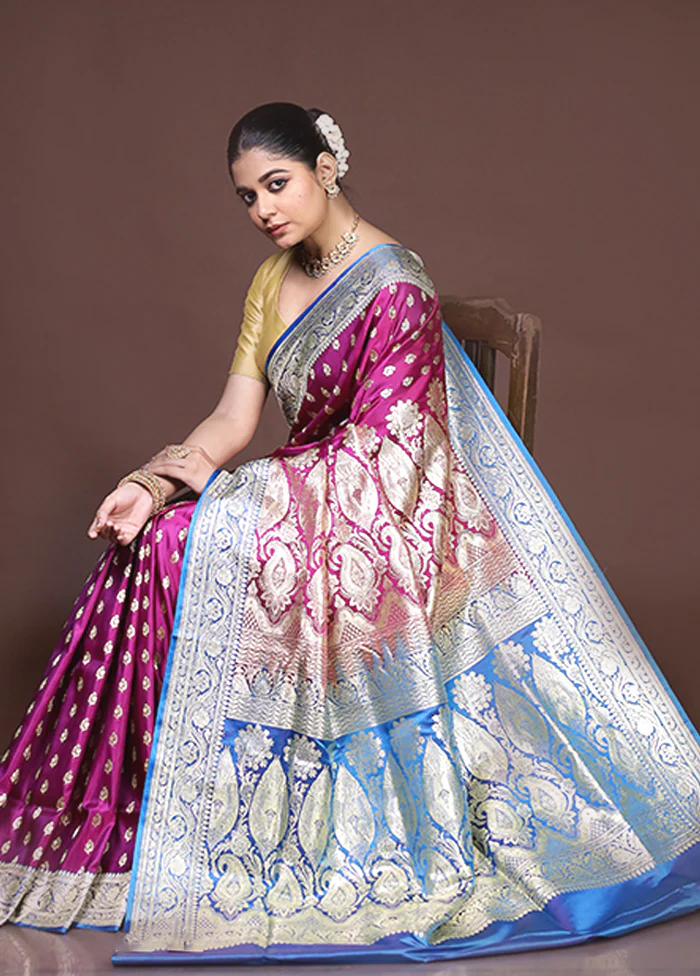 Purple Handloom Banarasi Pure Silk Saree With Blouse Piece - Image 4