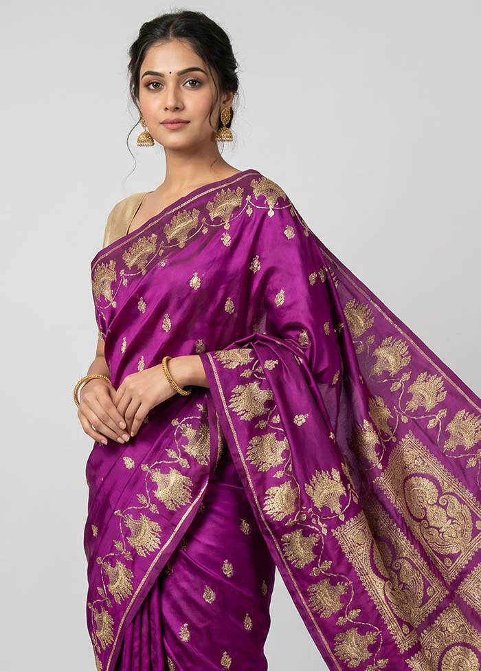 Purple Handloom Banarasi Pure Silk Saree With Blouse Piece - Image 2